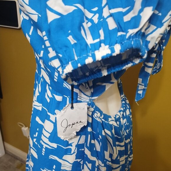 NWT Japna Short Puff Sleeve Off Shoulder Geometric Tie Back Fit & Flare Dress L - Picture 4 of 7